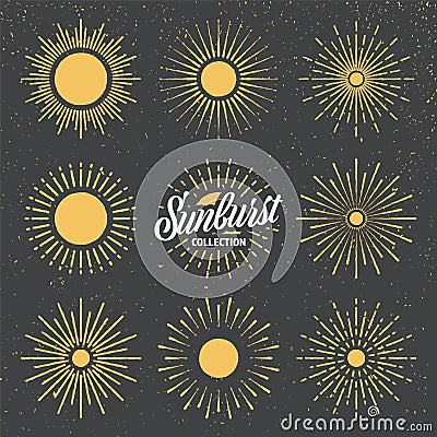 Vintage grunge sunburst, sunset beams. Hand drawn bursting sun, light rays. Logotype or lettering design element in Vector Illustration