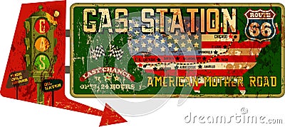 Vintage grungy american mother road,route 66 gas station sign, retro distressed and weathered vector illustration Vector Illustration