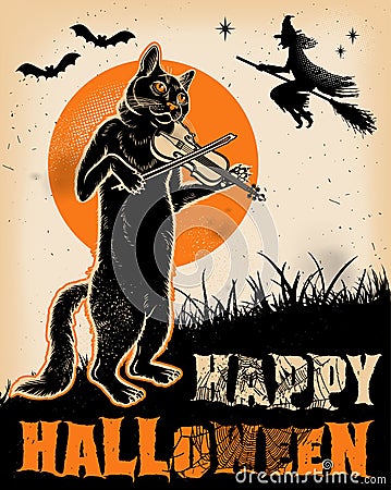 Vintage Halloween Cat Playing Violin Poster. Vector Illustration