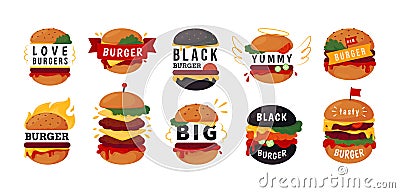 Vintage hamburger logo. Retro grill burger or cheeseburger label, barbecue with beef meat. Cafe or restaurant menu Vector Illustration