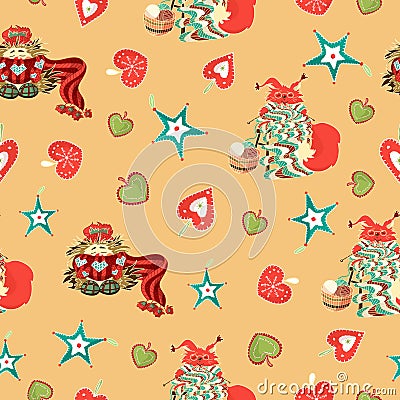 Vintage hand drawn christmas squarel and hedgehog charaters seamless pattern vector Vector Illustration