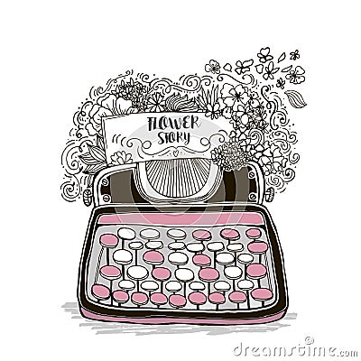 Vintage hand drawn illustration with typewriter and flowers. Great for apparel design, home, poster, etc. Vector Illustration