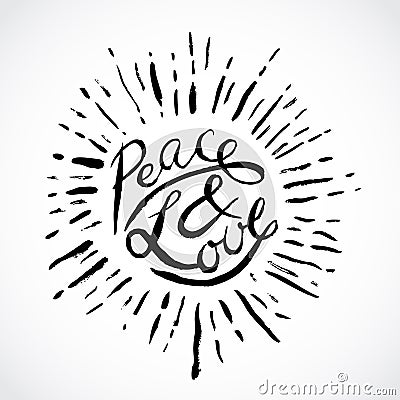 Vintage hand drawn lettering peace and love. Retro vector illustration. Vector Illustration