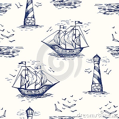 Vintage Hand-Drawn Nautical Toile De Jouy Vector Seamless Pattern with Lighthouse, Seagulls, Seaside Scenery and Ships Vector Illustration