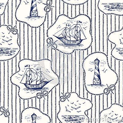 Vintage Hand-Drawn Rope Frames, Stripes Toile De Jouy Vector Seamless Pattern with Lighthouse, Seagulls Scenery, Ships Vector Illustration
