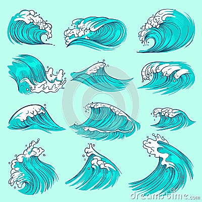 Vintage hand drawn sea blue waves with splashes. Ocean storm water vector set Vector Illustration