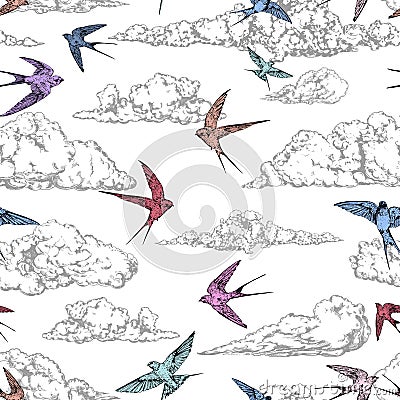 Vintage hand drawn seamless background with clouds pattern and flying swallows Vector Illustration