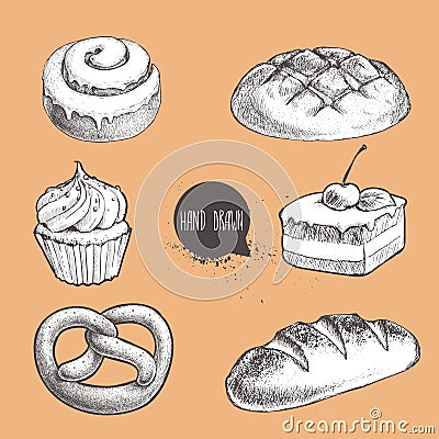 Vintage hand drawn sketch fresh style bakery set. Vector Illustration