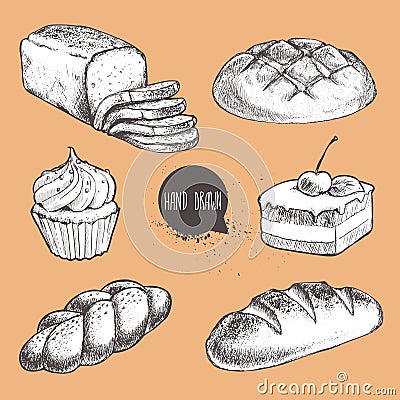 Vintage hand drawn sketch style fresh bakery set. Bread, sliced bread, bun, loaf, cake with cherry Vector Illustration