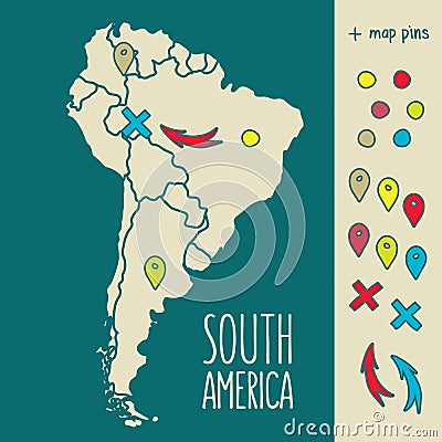 Vintage Hand drawn South America travel map with Vector Illustration