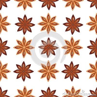 Star Anise seamless pattern. Dried Star Aniseed or lllicium Verum, Star anise dessert spice fruit and seeds. Vector Cartoon Illustration