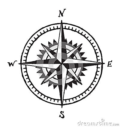 Vintage hand drawn wind rose vector in black and white. Compass symbol tattoo drawing Vector Illustration