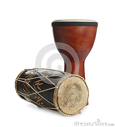 Vintage hand drums isolated on white. Percussion musical instruments Stock Photo