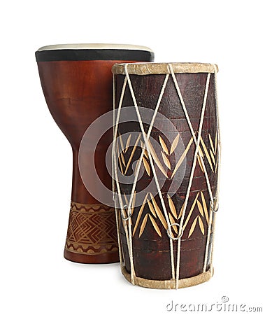 Vintage hand drums isolated on white. Percussion musical instruments Stock Photo