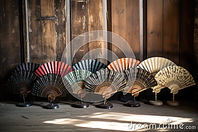 vintage hand fans spread out on a rustic wooden surface Stock Photo