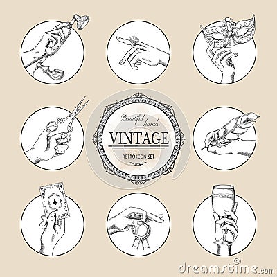 Vintage hand icons. Retro sketch logo. Arms holding wine glass and mask. Jewelry ring on forefinger. Quill pen for Vector Illustration