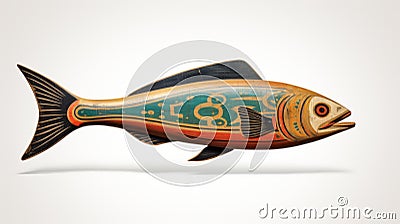 Vintage Hand-painted Wooden Fish With Indigenous Iconography Stock Photo