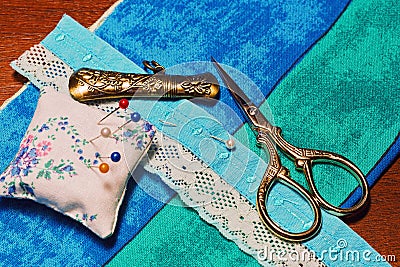 Vintage hand sewing accessories and materials Stock Photo