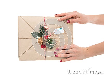 Vintage handmade craft christmas or birthday present in hands Stock Photo