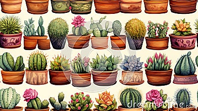 Vintage Handpainted Watercolor Seamless Pattern of Cacti Varieties AI Generated Cartoon Illustration