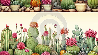 Vintage Handpainted Watercolor Seamless Pattern of Cacti Varieties AI Generated Cartoon Illustration