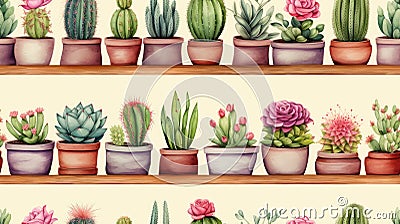 Vintage Handpainted Watercolor Seamless Pattern of Cacti Varieties AI Generated Cartoon Illustration