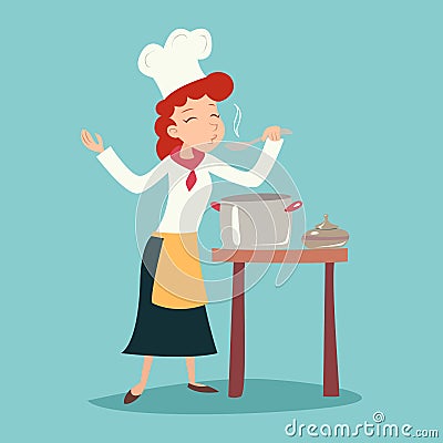 Vintage Happy Smiling Chief Cook Girl Tasting Dish Vector Illustration