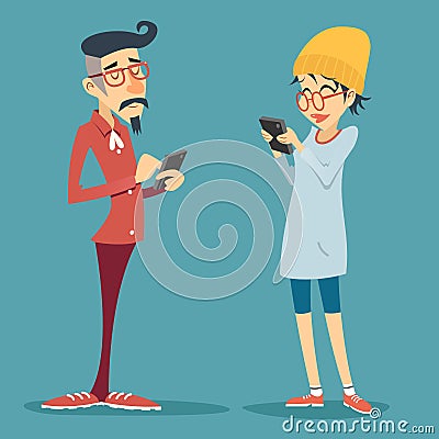 Vintage Happy Smiling Male Female Geek Hipster Vector Illustration