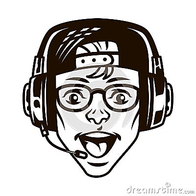 Vintage happy young gamer in headset Vector Illustration