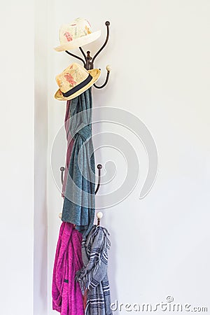 Vintage Hat Stand and hanger clothes set on white Stock Photo