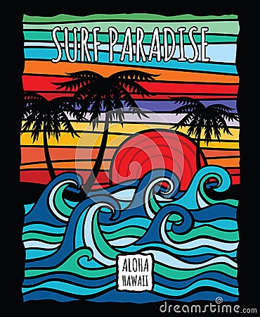 Vintage hawaii aloha surf graphic with ocean waves and palm trees vector t-shirt design Vector Illustration