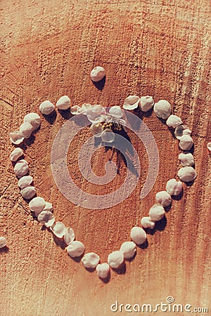 Vintage heart contour maid of cherry petals on cracked wooden background Stock Photo