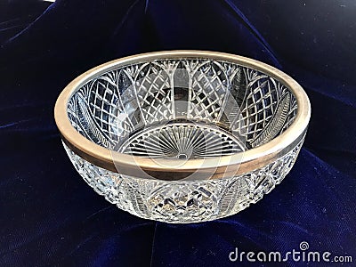 Vintage Heavy Lead Crystal Glass Bowl with Silver Rim Stock Photo
