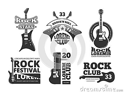 Vintage heavy rock, jazz band, guitar shop, music vector logos and labels set with acoustic guitars Vector Illustration