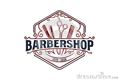 Vintage Hexagonal Badge Emblem Label with Razor Scissor and Comb for Barbershop Haircut Logo Vector Illustration