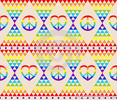 Vintage hippie seamless background with rainbow, hippie symbol, psychedelic abstract triangle colorful pattern Vector Illustration