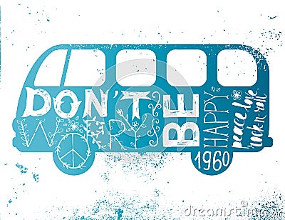 Vintage hippie time decorated van Vector Illustration