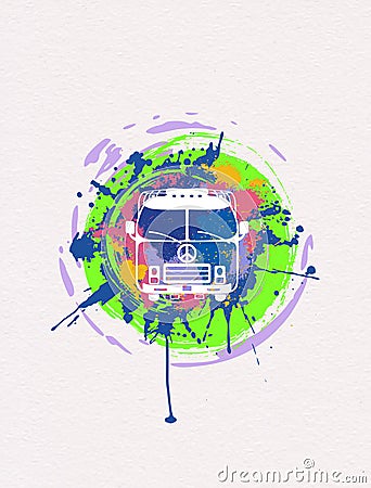 Vintage hippie van.Camping VW bus with colored paint splashes Cartoon Illustration