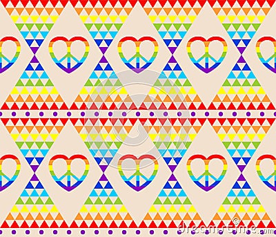 Vintage hippie wallpaper with rainbow, hippie symbol, psychedelic abstract triangle colorful pattern Vector Illustration