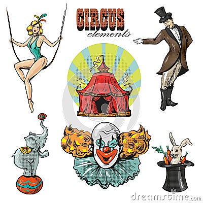 Vintage hipster circus collection with carnival, fun fair Vector Illustration