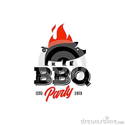 Vintage hipster Grill Barbeque invitation party barbecue bbq with crossed fork spatula and fire flame Logo design Vector Illustration