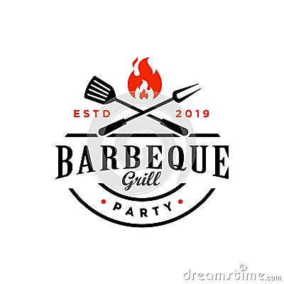 Vintage hipster Grill Barbeque invitation party barbecue bbq with crossed fork spatula and fire flame Logo design Vector Illustration