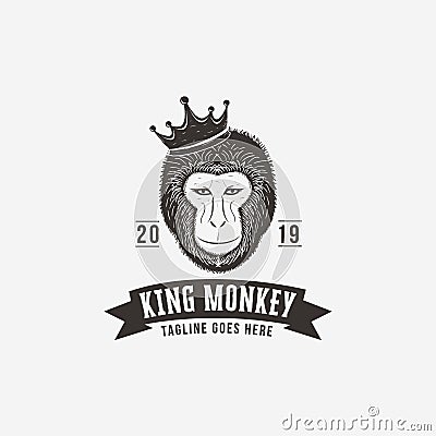 Vintage Hipster King monkey logo vector template, with hand drawn style Vector Illustration