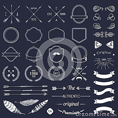 Vintage hipster logo elements with arrows,ribbons,feathers, laurels, badges. Emblem template constructor. Iicon creator. Vector Illustration
