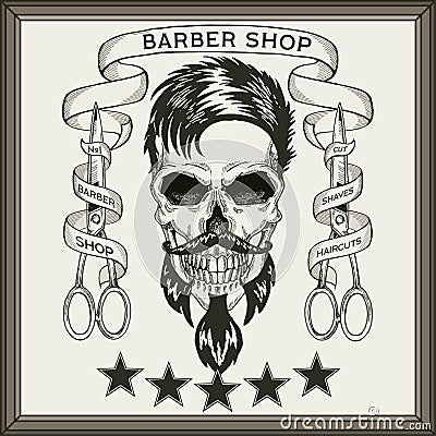 Vintage, hipster skull barbershop logo in old style, vector. Vector Illustration