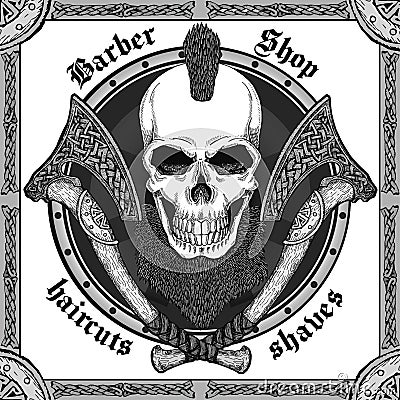 Vintage, hipster skull barbershop logo in old style, vector. Vector Illustration