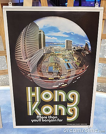 Vintage HK Poster Old Aviation Riviera of the Orient Fly Hong Kong Architecture Buildings Lifestyle Editorial Stock Photo