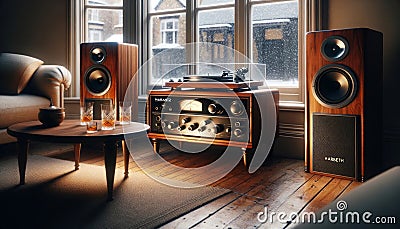 Vintage Home Stereo Turntable Tower Speakers Retro Hi-FI Component AI Generated Home Interior Stock Photo