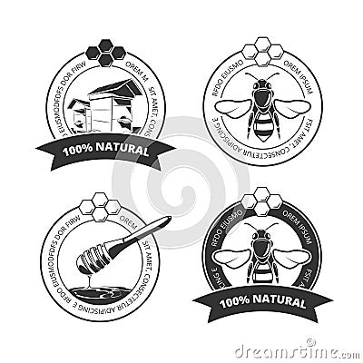 Vintage honey and bee vector labels, badges, emblems, logos set Vector Illustration