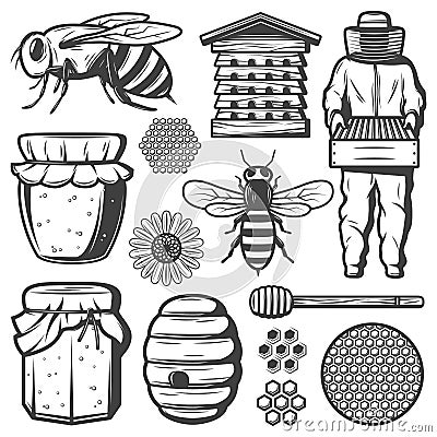 Vintage Honey Elements Collection Vector Illustration